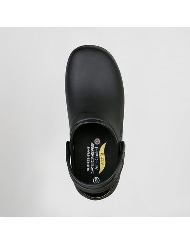 Detalle de plantilla Arch Fit y suela antideslizante en zueco Skechers Riverbound