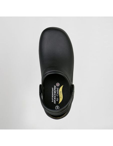 Detalle de plantilla Arch Fit y suela antideslizante en zueco Skechers Riverbound