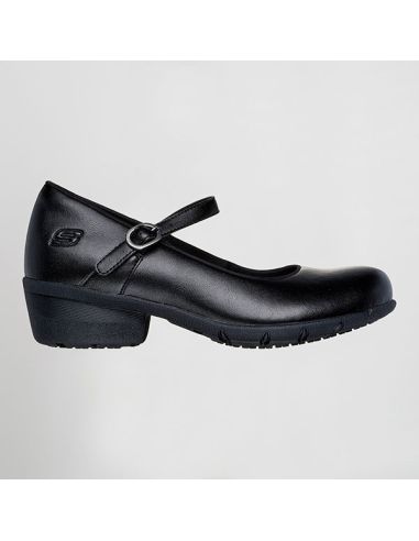 Detalle de correa con hebilla y suela SR en zapato Skechers Elsit