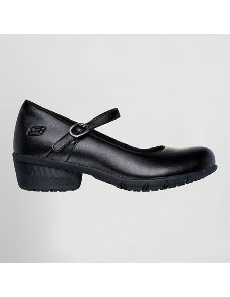 Detalle de correa con hebilla y suela SR en zapato Skechers Elsit