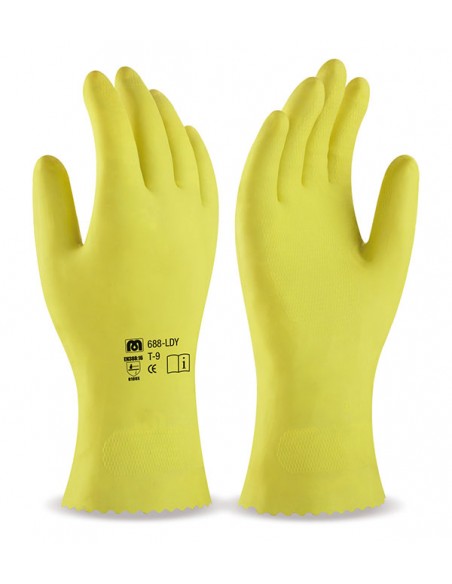 Guante de látex amarillo con grip hexagonal para limpieza e industria alimentaria