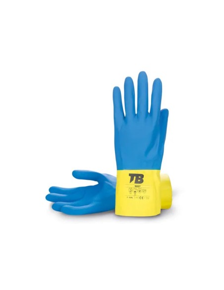 Guante químico de látex azul y amarillo interior flocado 9007 (10 PARES)