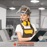 Mujer en ámbito laboral con lavaojos de emergencia