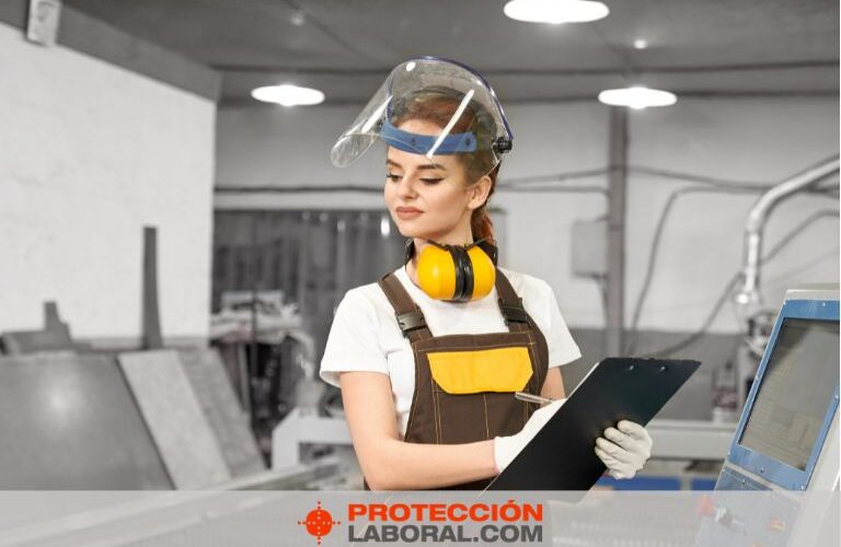Mujer en ámbito laboral con lavaojos de emergencia