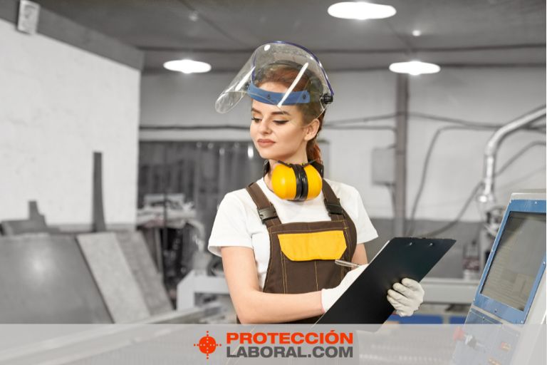 Mujer en ámbito laboral con lavaojos de emergencia